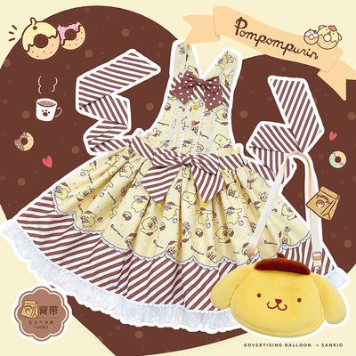 Confession Ballon~Sanrio Pudding Dog Print Kawaii Lolita Jumper Dress S Pudding dog Salopette (yellow) free gift bag+socks 