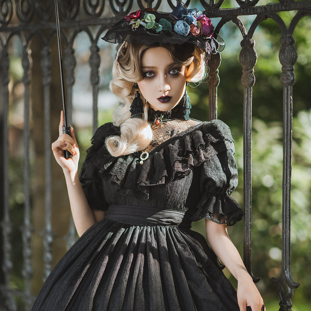 Miss Point~Woody Rose~Lolita Headband Flower Brooch black headband  