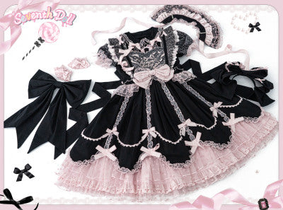 (Buy for me) The Seventh Doll~Sweet Doll Lolita Cotton Jumper Dress S black&pink full set 