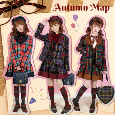 Pumpkin Cat~Autumn Map~JK Fashion Plaid Jacket Vest Suit   