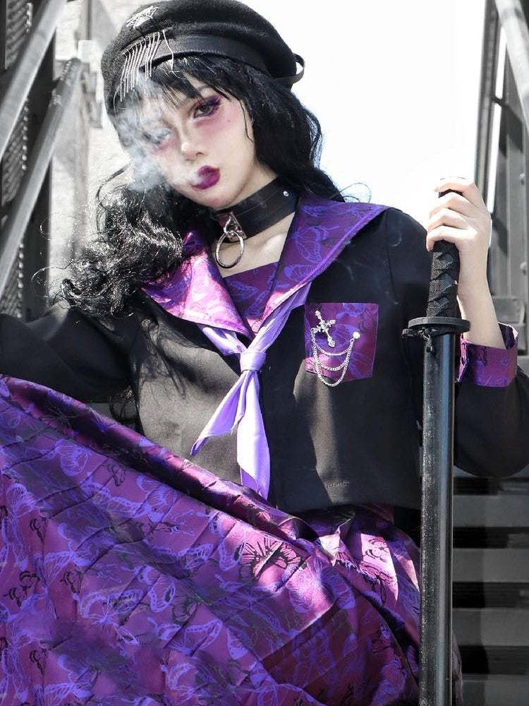 Blood Supply~Missing Purple Butterfly~Dark Purple JK Uniform Sailor Lolita Suit   