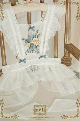 (Buy for me) CEL Lolita~Porcelain Teaparty~Sweet Lolita Apron and Blouse free size fog blue embroidered apron (apricot gauze) 