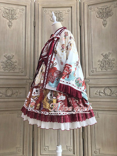 Alice Girl~Lucky Cat~Wa Lolita  Cat Printed Jumper Skirt   