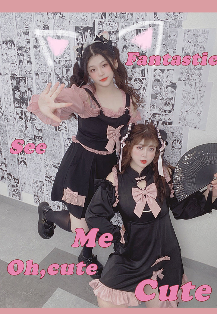 Yingtang~Plus Size Lolita Black Pink Cheongsam Dress Set 8218:104868