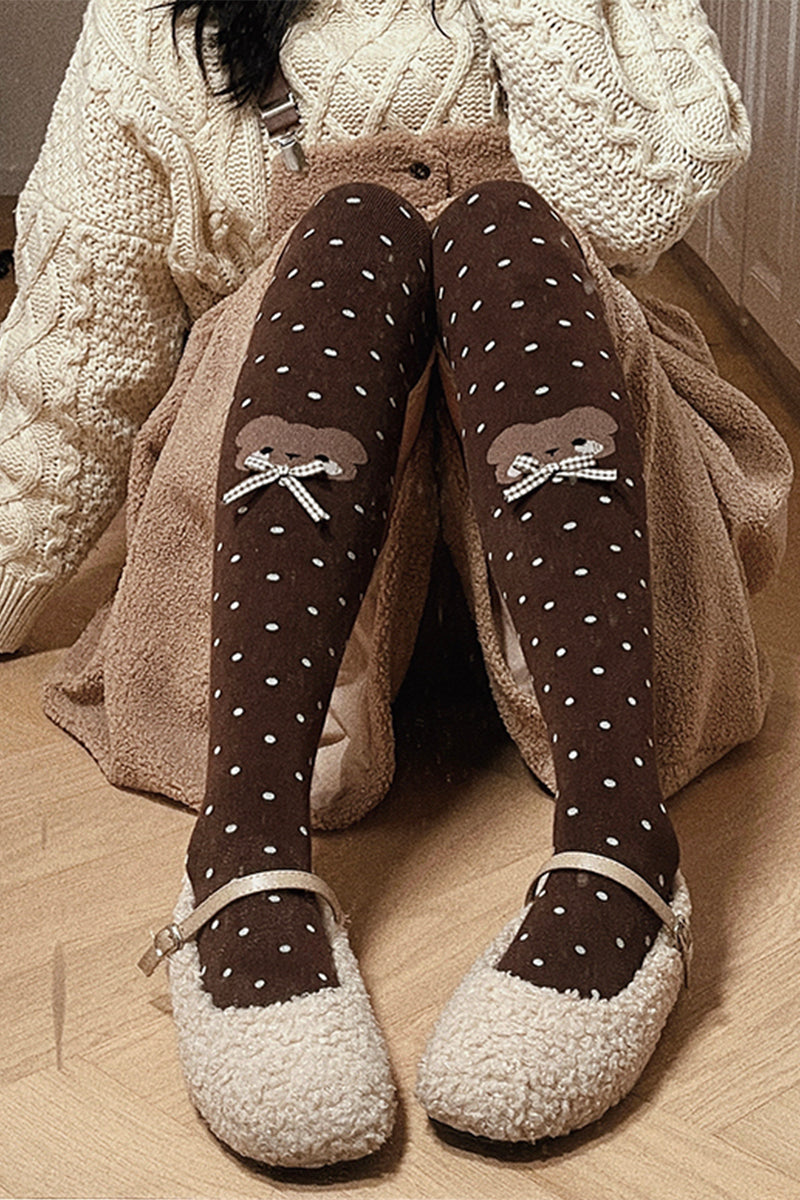 Roji roji~Bear Dots Bow Cotton Lolita Thigh Stockings   