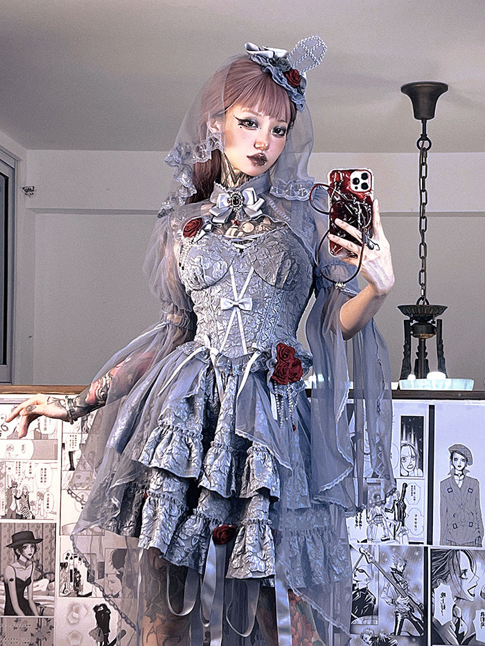 Alice Girl~Gothic Lolita SK Set~Blood Rose Skirt and Corset S dusty blue set 1 (top +skirt+choker+apron yarn veil) 