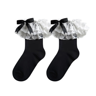 (BuyForMe) Mixiu~Lolita Bow Cotton Socks Lace Socks Free size short black with black bow and white lace 