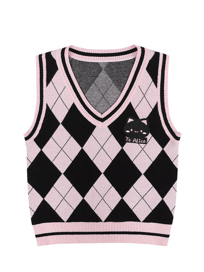 (Buyforme)To Alice~Kawaii Black Pink Lattice JK Lolita Vest 0 pink+black lattice vest 