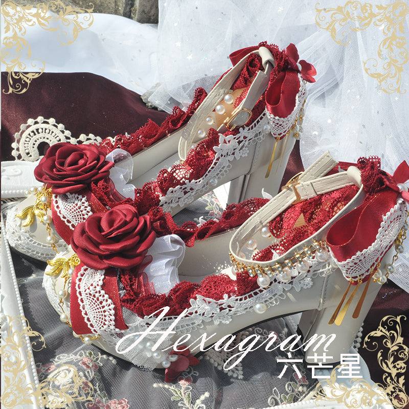 Hexagram~Handmade Qi Lolita Shoes 34 white and red 