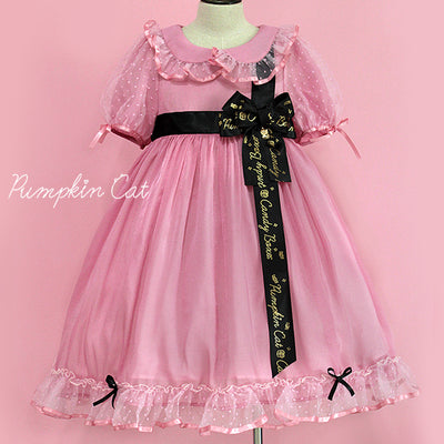 Pumpkin Cat - Candy Boxes Sweet Lolita OP Dress S voile cherry pink with black silk ribbon
