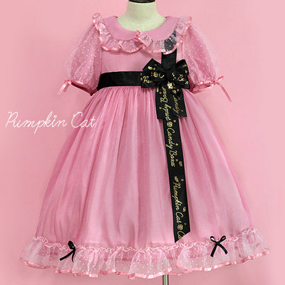 Pumpkin Cat~Candy Boxes Sweet Lolita OP Dress S voile cherry pink with black silk ribbon 