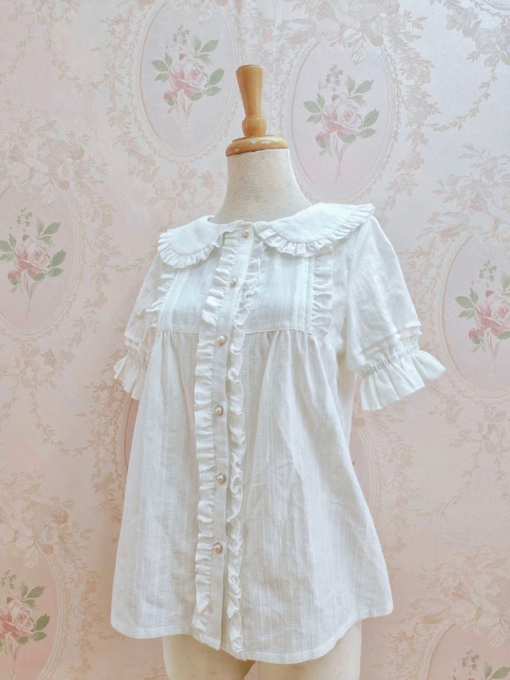 Yilia~Ruffle Lace Lolita Short Sleeve Cotton Shirt XS white 
