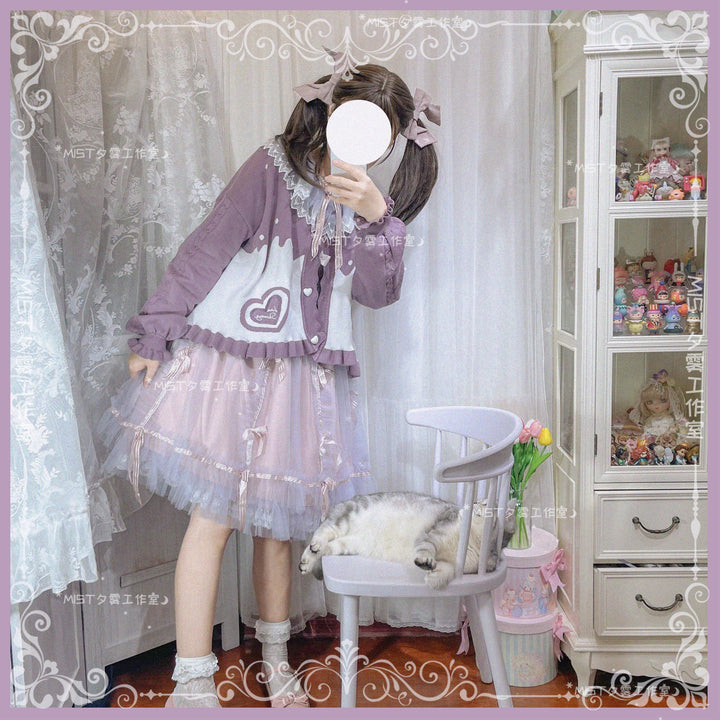 MIST~Beating Heart~Sweet Lolita Thick Sweater Coat Puff Sleeve S purple 