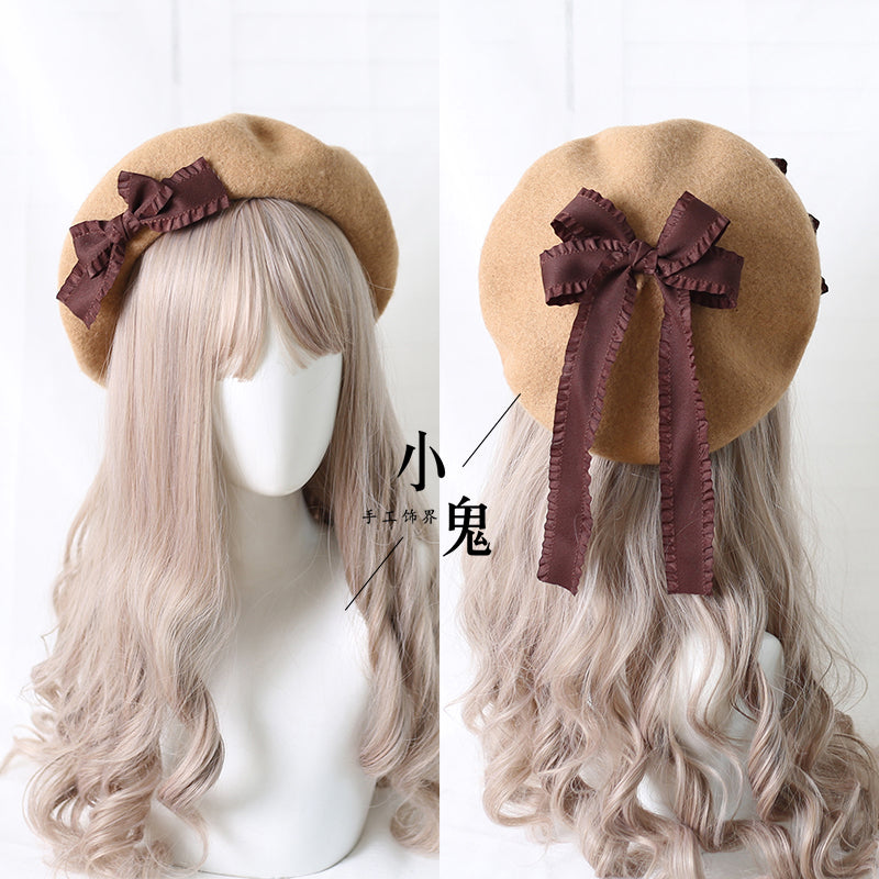 Xiaogui - Sweet Bow Multicolors Lolita Wool Beret M（56-58cm） camel hat with coffee bows
