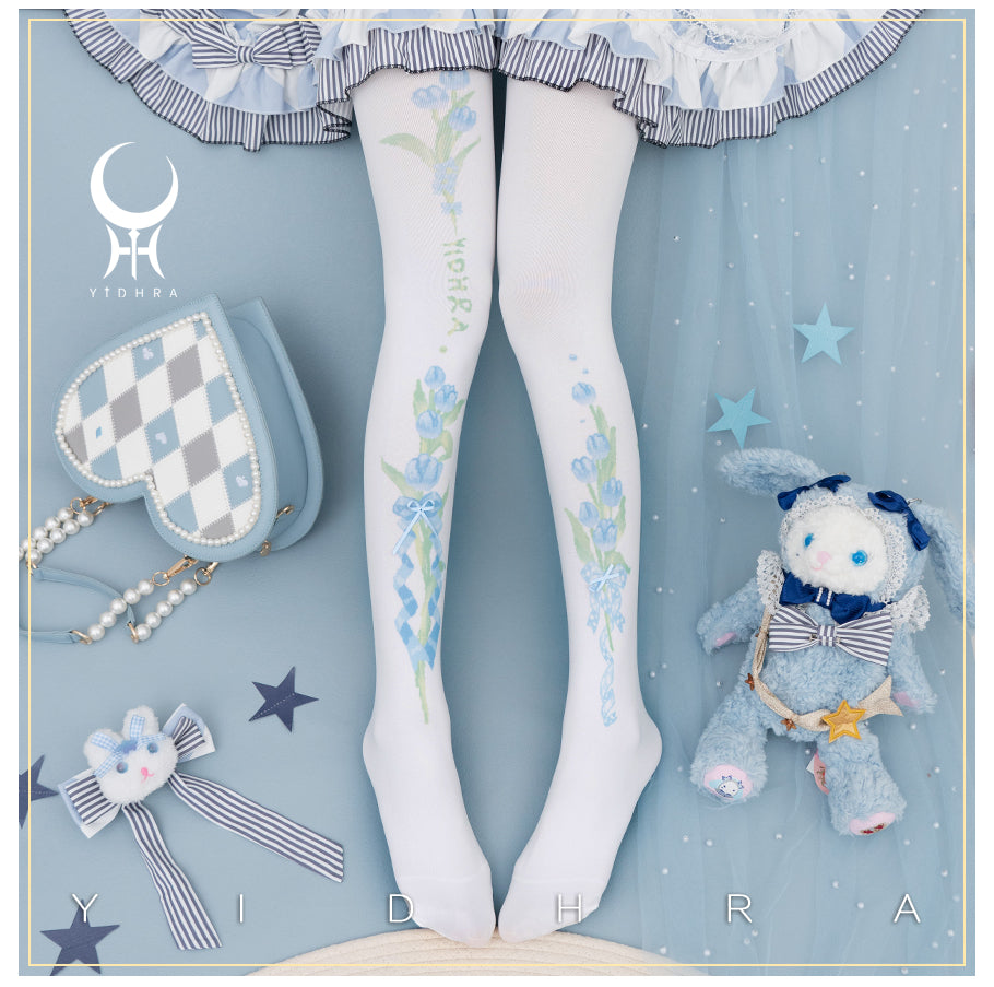 Yidhra~Tulip Forever~Spring Lolita Accessory Classical Pantyhose blue-velvet free size 