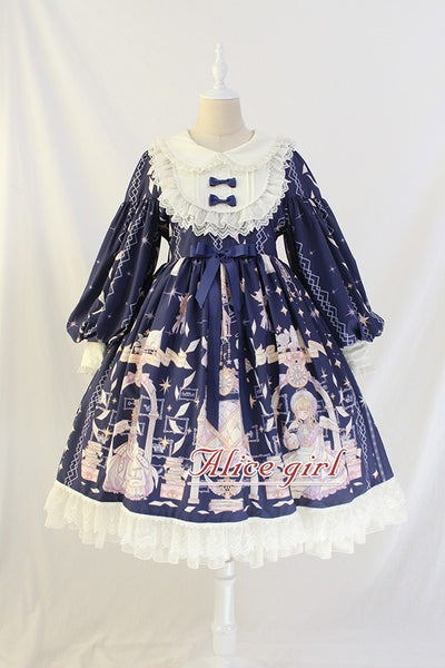 Alice Girl~Sweet Lolita OP Dress Angel Print Lace Ruffle Dress S navy blue 