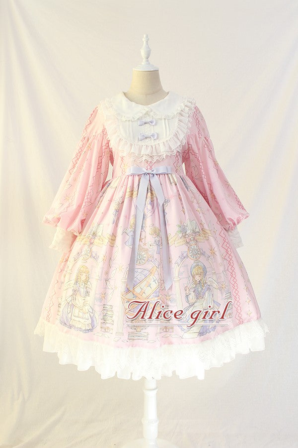Alice Girl~Sweet Lolita OP Dress Angel Print Lace Ruffle Dress S pink 