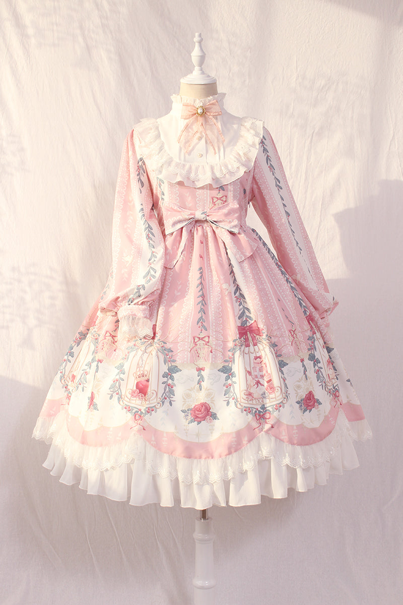 Alice Girl~Dream in Cage~Birds Flowers Print Sweet Lolita Dress S pink 