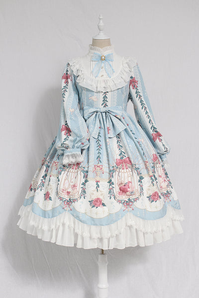 Alice Girl~Printed Sweet Lolita Dress~Dream in Cage OP Dress S light blue 