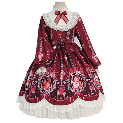 Alice Girl~Printed Sweet Lolita Dress~Dream in Cage OP Dress S wine red 
