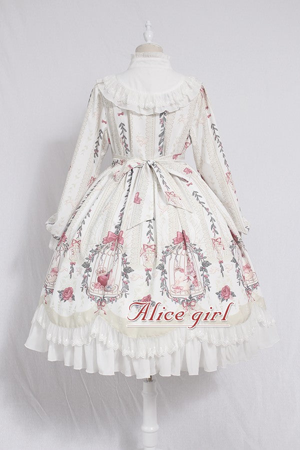 Alice Girl~Dream in Cage~Birds Flowers Print Sweet Lolita Dress L beige white 