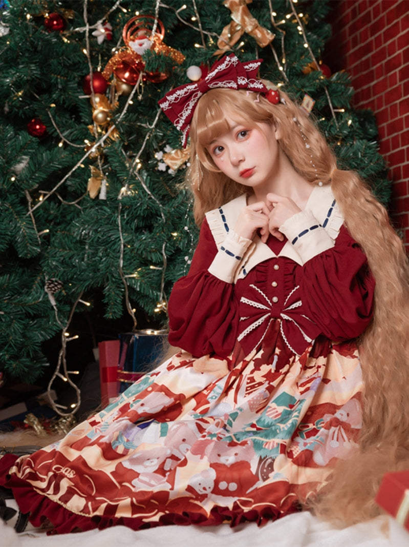 Eieyomi~Christmas Bear~Sweet Lolita Princess OP Dress   