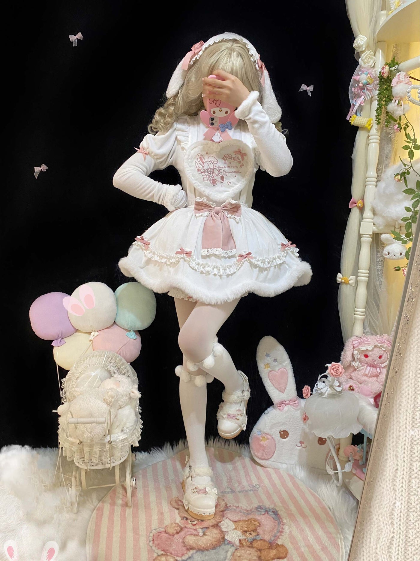 (Buyforme)Pink Fleece Rabbit Lolita Salopette Bubble Sleeve Blouse   