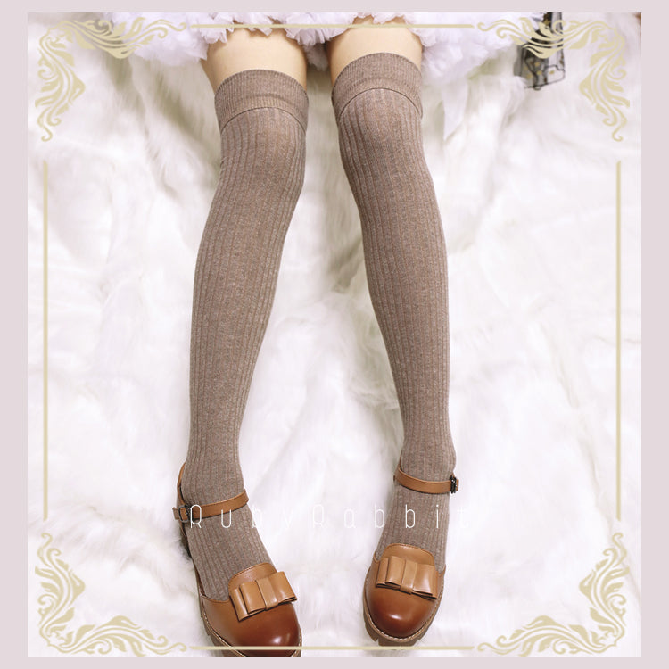 Ruby Rabbit~Pure Color Knee Socks Multicolors free size buckwheat color 