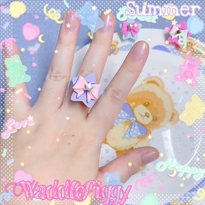 WaddlePiggy - Sweet Lolita Adjustable Handmade Star Bow Lolita Ring purple star