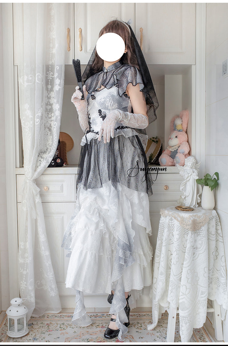 With PUJI~Never Rot Bones~Gothic Lolita Dress Bride Mermaid JSK Dress   