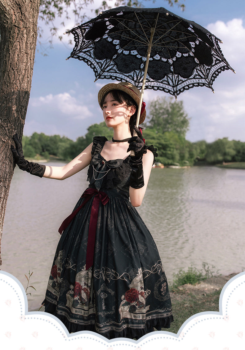 With PUJI - Nightingale and Rose - Gothic Black and Red JSK Dress
