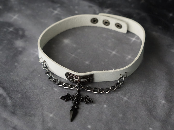 Strange Sugar~Gothic Lolita Cross Leather Choker No. 21white wing cross  