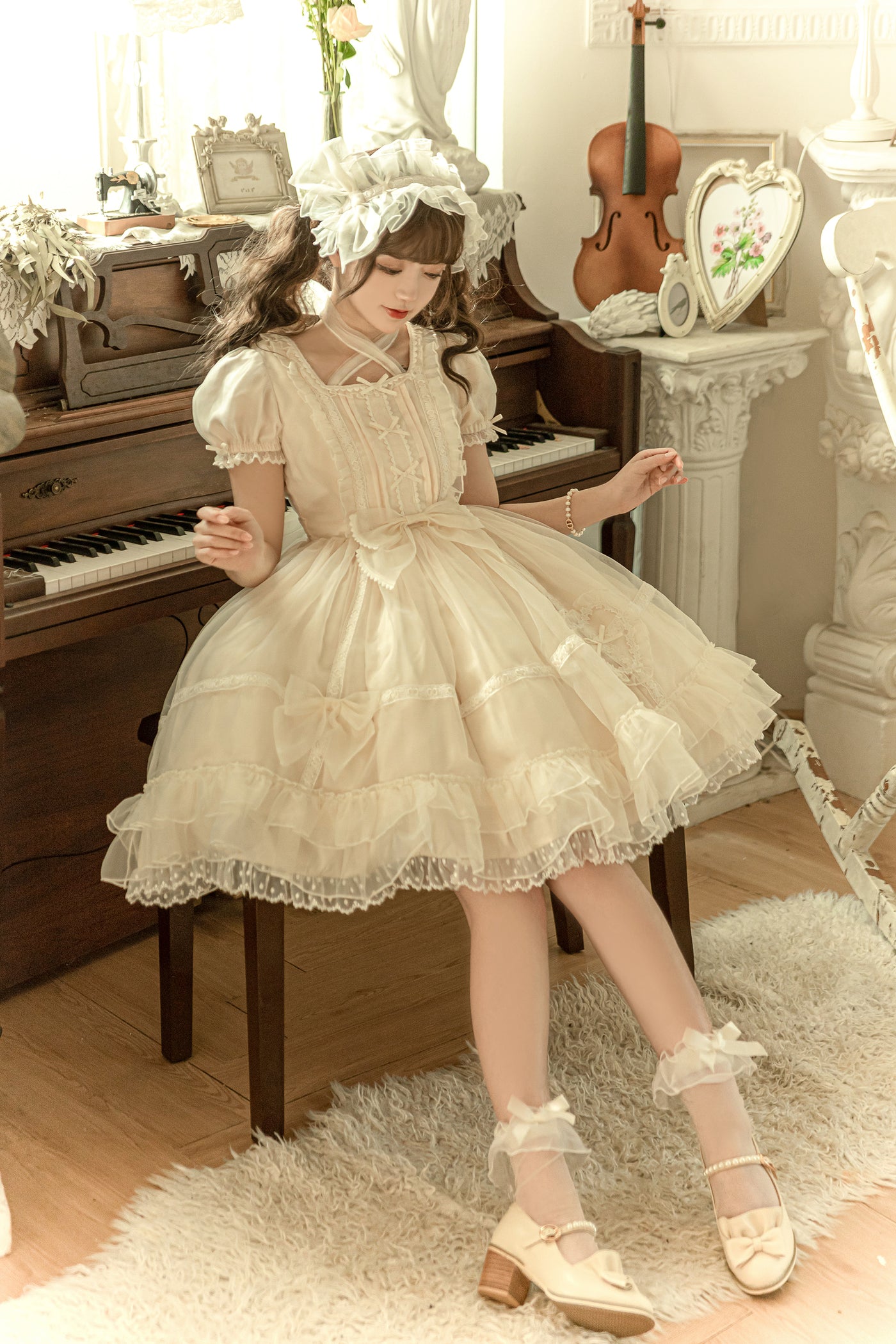 Little Bear~Mini Puff-Sleeve OP Dress with Organza   