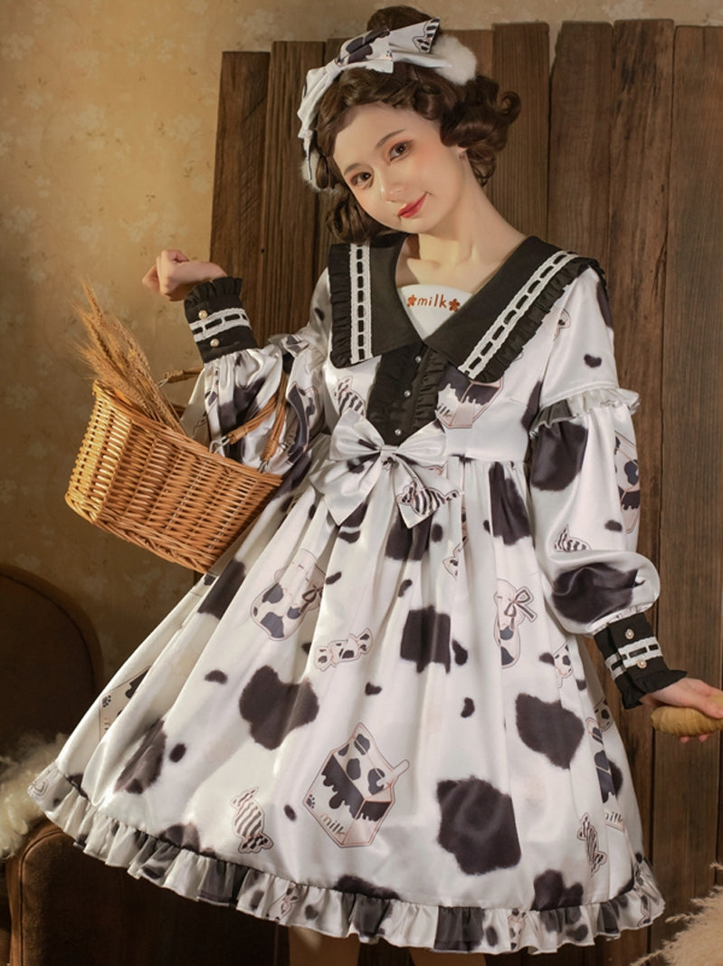 Eieyomi~Sweet Milk Candy~Kawaii Lolita Long Sleeves OP Dress   