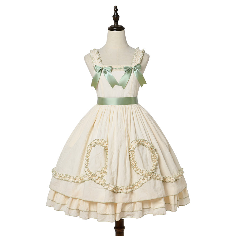 (BFM)Magic Tea Party~Classic Lolita JSK Dress Solid Color Short Sleeve Dress S Ivory×green 