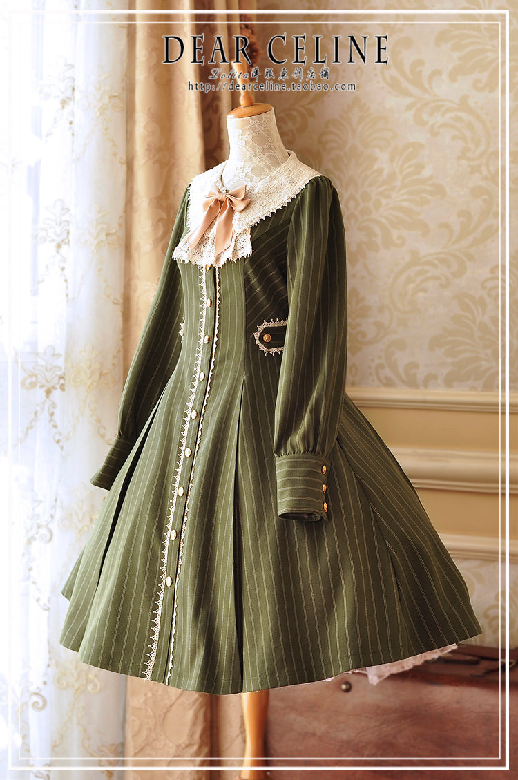 DearCeline~Vintage Two-breasted Stripe Trench Coat Lolita OP S green 