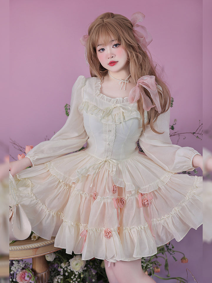 Yingtang~Plus Size Lolita Dress Off White Ballet Summer Suit L off white blouse 