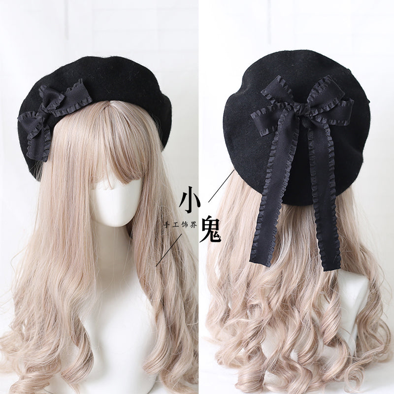 Xiaogui - Sweet Bow Multicolors Lolita Wool Beret M（56-58cm） black hat with black bows