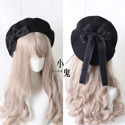 (BuyForMe) Xiaogui~Sweet Bow Multicolors Lolita Wool Beret M（56-58cm） black hat with black bows 
