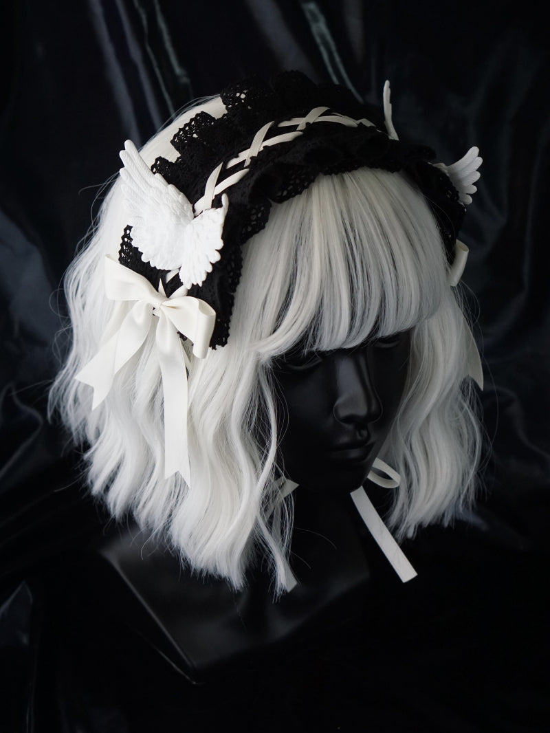 Strange Sugar - Black Wings Halloween Goth Lolita Hairband Black With White Hairband (white wing)
