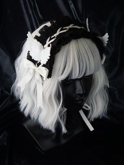Strange Sugar~Black Wings Halloween Goth Lolita Hairband black with white hairband (white wing)  