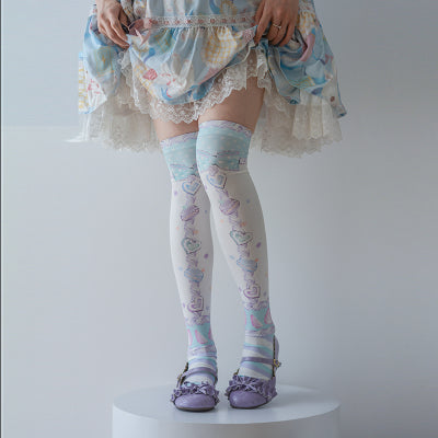 Roji roji~Macaron Printed Lolita Knee Stockings free size green&purple 
