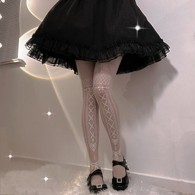 (Buyforme) Roji Roji~J-fashion Black White Lolita Pantyhose free size white print in white 