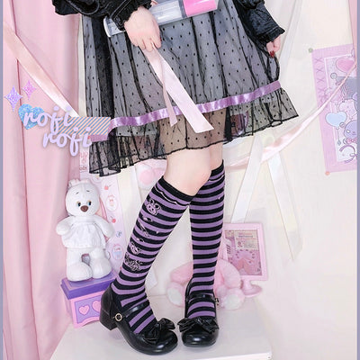 Roji roji~Striped Kawaii Lolita Calf Socks Multicolors free size black-purple stripe 