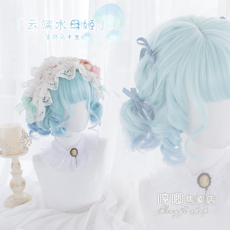 Hengji~Blue Green Gradient Color 26cm Short Curly Lolita Wig   