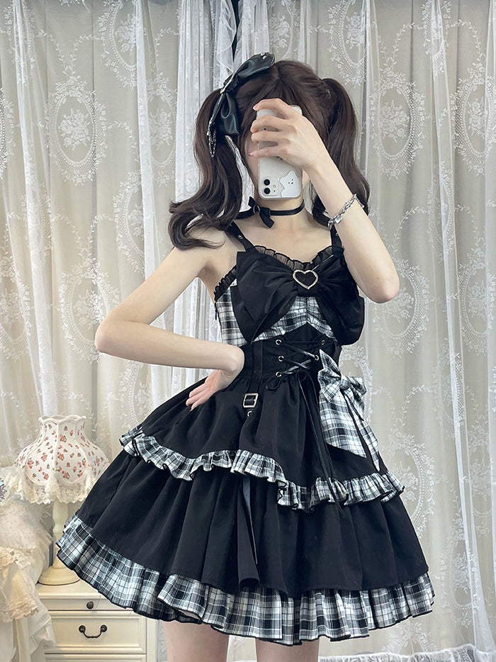 Alice Girl~Black Lolita Dress~Little Spicy Plaid JSK Dress   