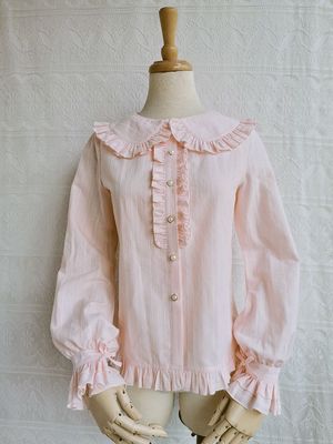 Yilia Autumn and winter Plush Girl Ruffle lolita Long sleeve cotton jacquard shirt Japanese style XS Pink 