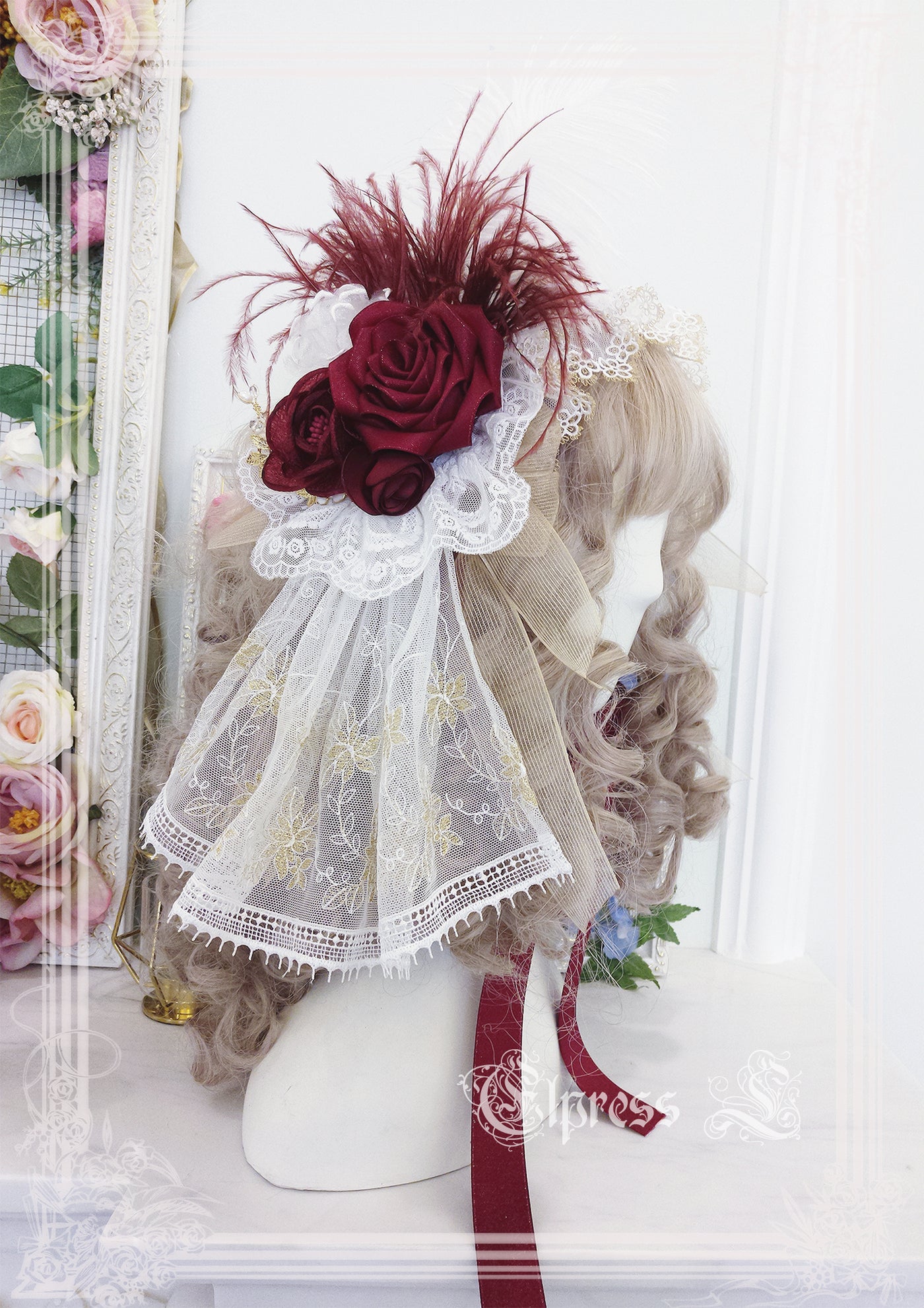 Elpress L~Christmas Flower Hairpins Lolita Mesh Veil KC Bonnet red flower hairpins 