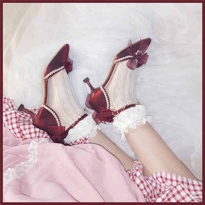 Sky Rabbit~Flower Wedding Elegant Lolita High Heel Shoes 34 5cm wine red 
