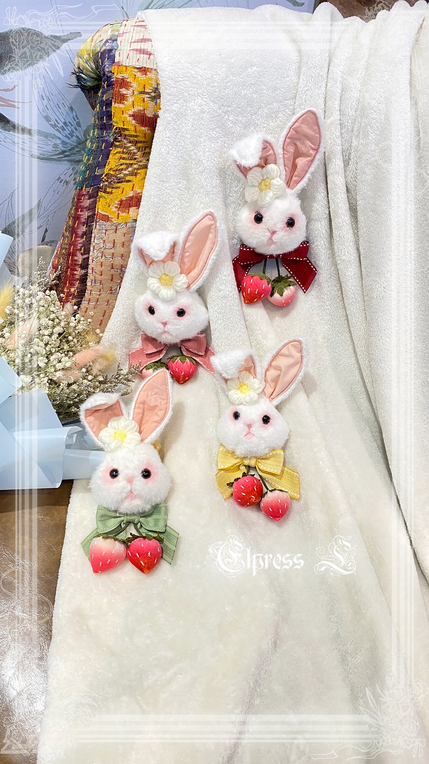 Elpress L~Strawberry Rabbit Lolita BNT Cuffs Choker cheese yellow handmade rabbit brooch 